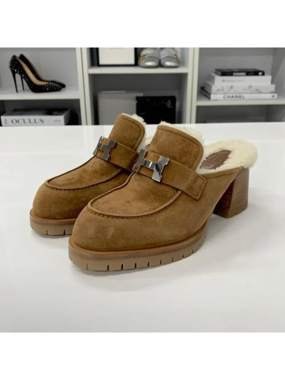 Hermes Suede H Fleece Sandals Brown